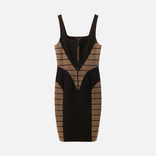 Louis Vuitton Black & Tan Viscose Blend Striped Dress