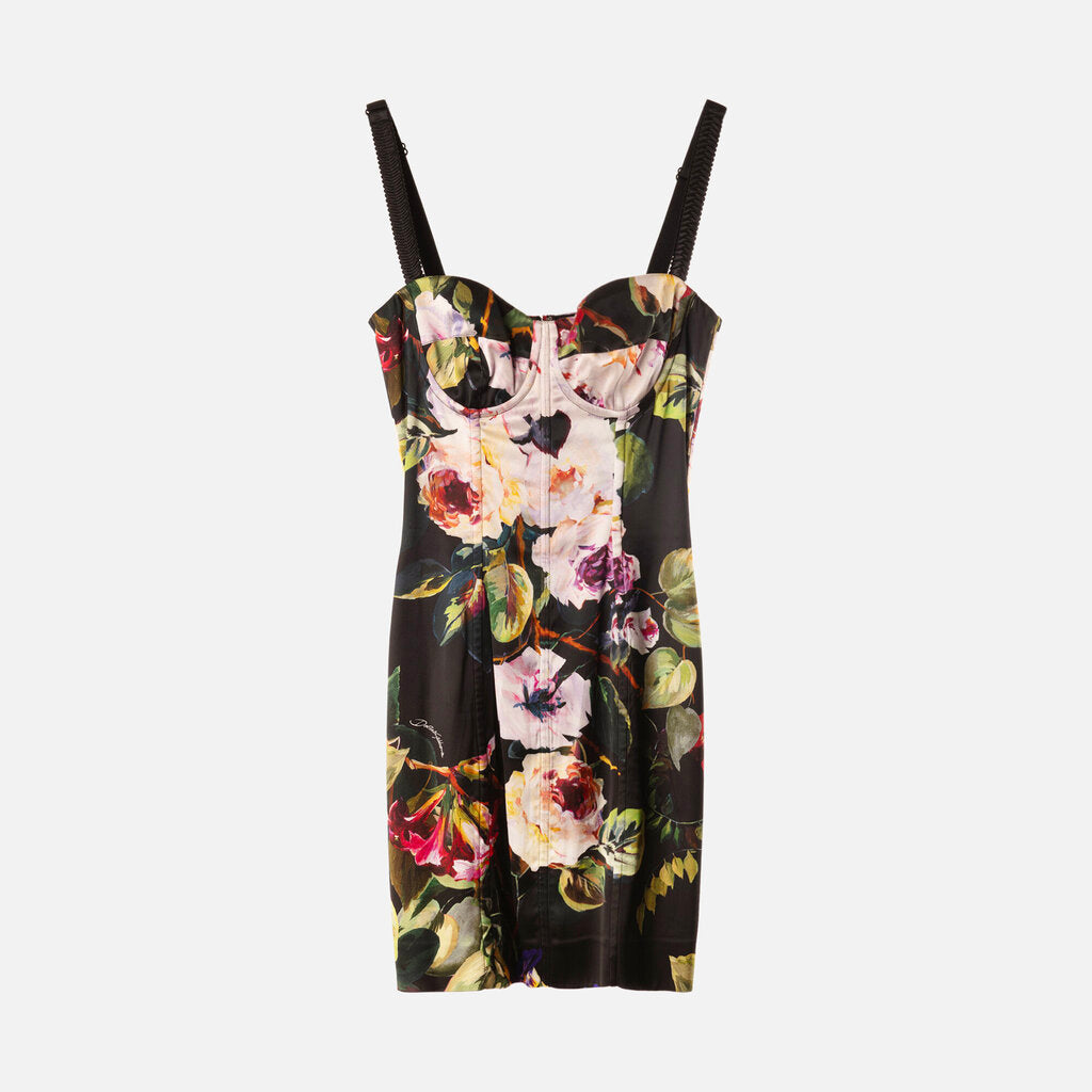 Dolce & Gabbana Black Floral Print Satin Mini Dress