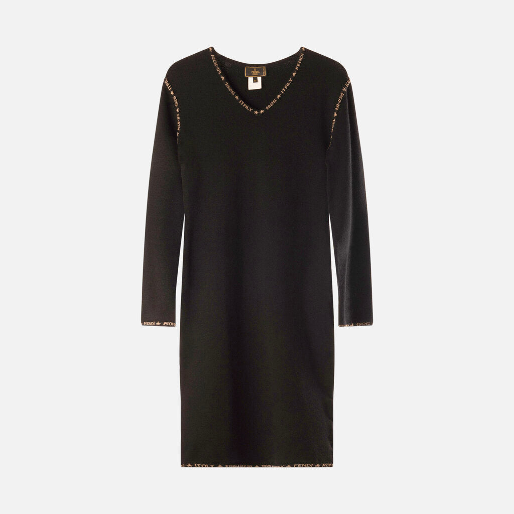 Fendi Black Wool Logo Trim Sweater Dress