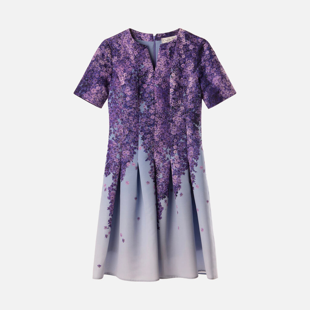 Oscar de la Renta Pruple/Blue Floral Poly SS Midi Dress