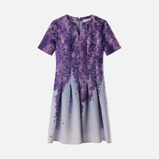 Oscar de la Renta Pruple/Blue Floral Poly SS Midi Dress