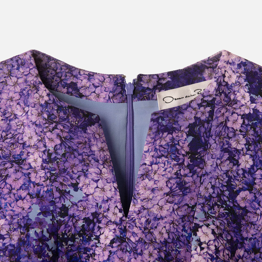 Oscar de la Renta Pruple/Blue Floral Poly SS Midi Dress