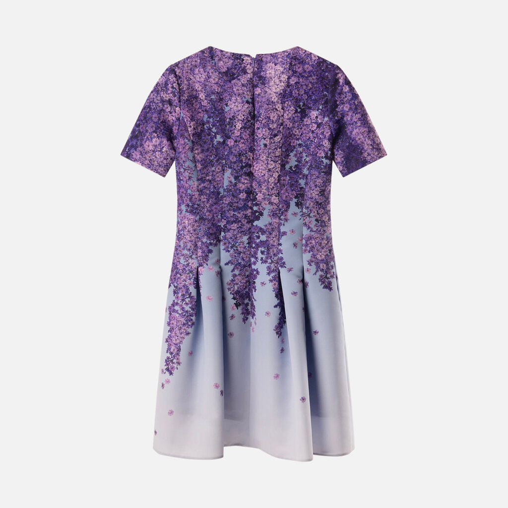 Oscar de la Renta Pruple/Blue Floral Poly SS Midi Dress