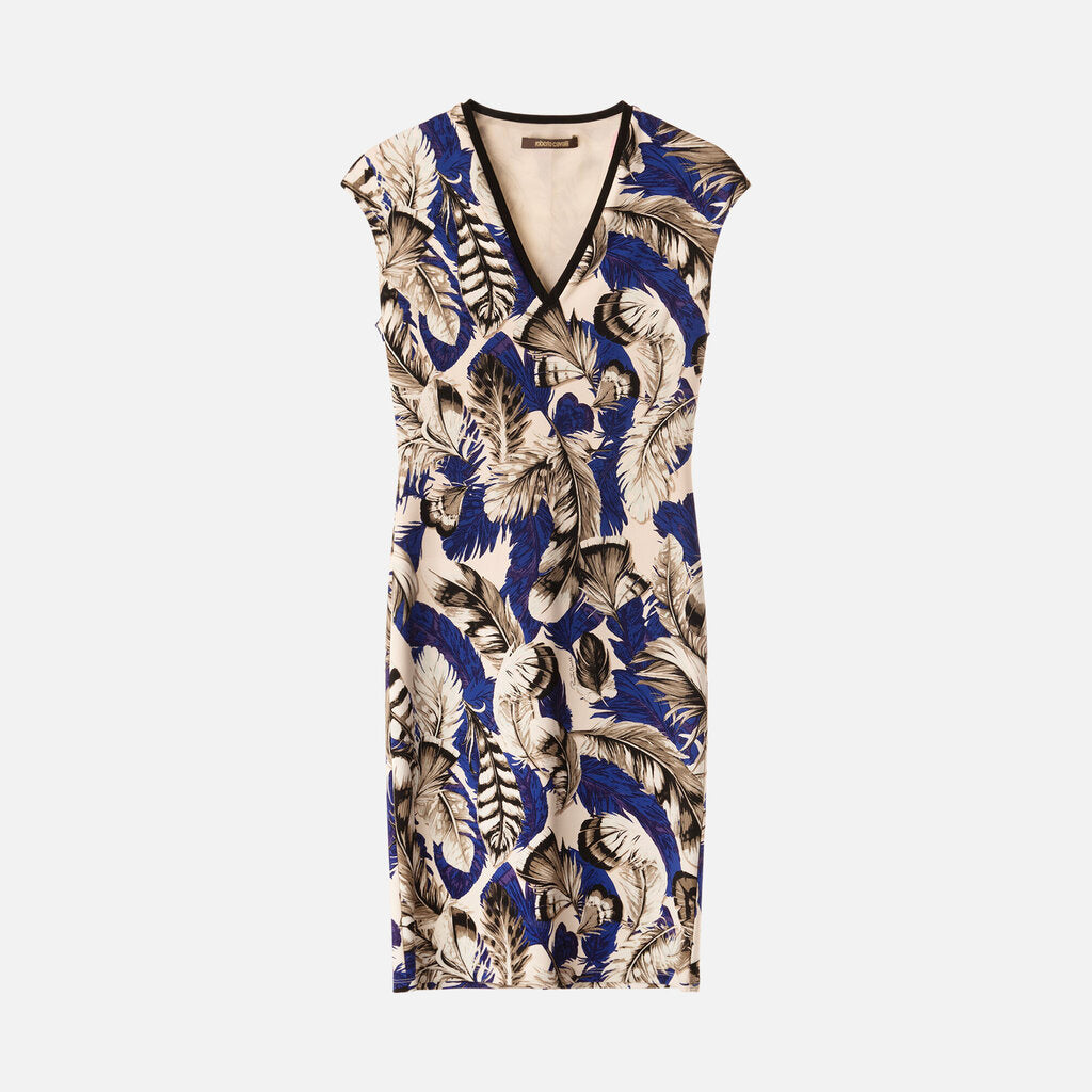 Roberto Cavalli Blue/Multi Viscose Feather Print Midi Dress