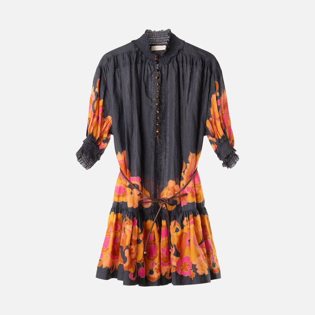 Zimmermann Navy/Orange Ramie Floral Belted Dress
