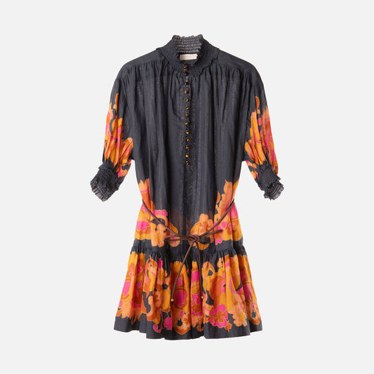 Zimmermann Navy/Orange Ramie Floral Belted Dress