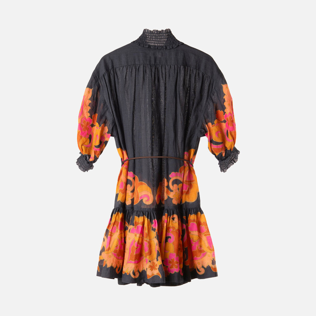 Zimmermann Navy/Orange Ramie Floral Belted Dress