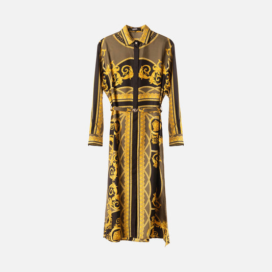Versace Black & Gold Barocco-Print Silk Dress