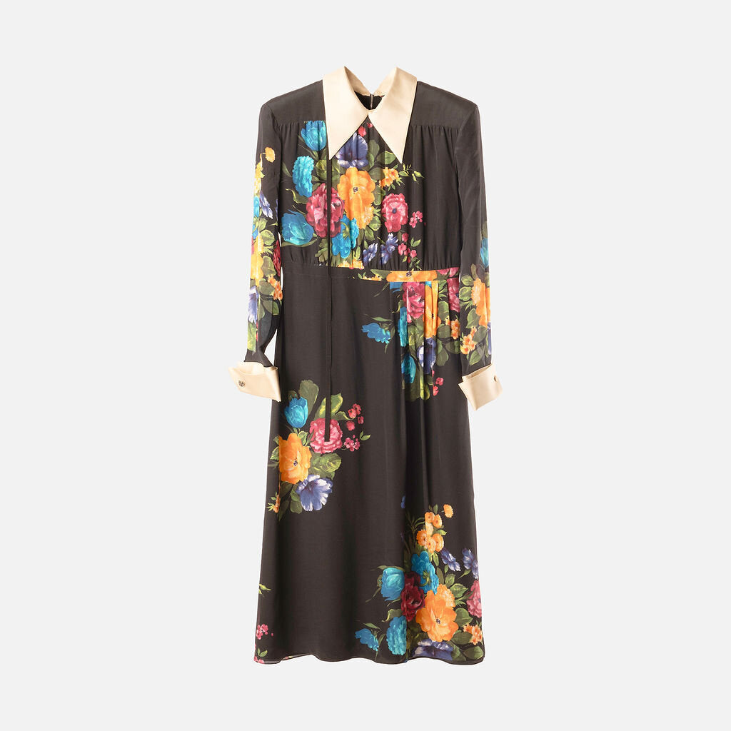Gucci Black & Muli Floral Silk Midi Dress