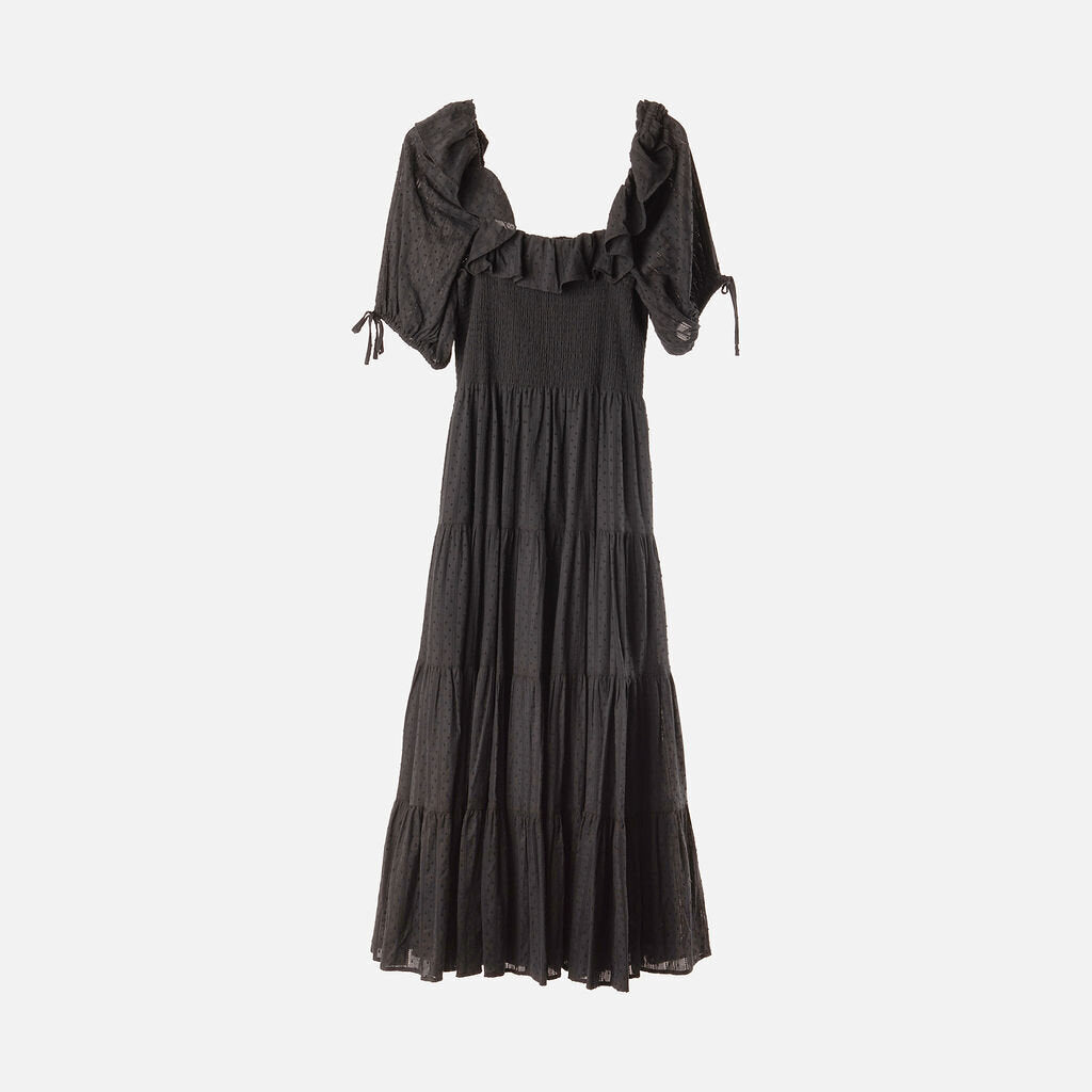 Hill House Black Swiss Dot Gathered Ruffled Neck Tiered Maxi
