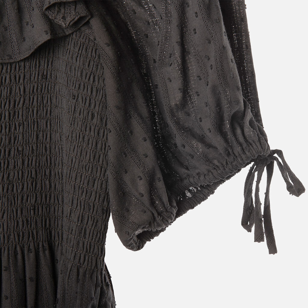 Hill House Black Swiss Dot Gathered Ruffled Neck Tiered Maxi