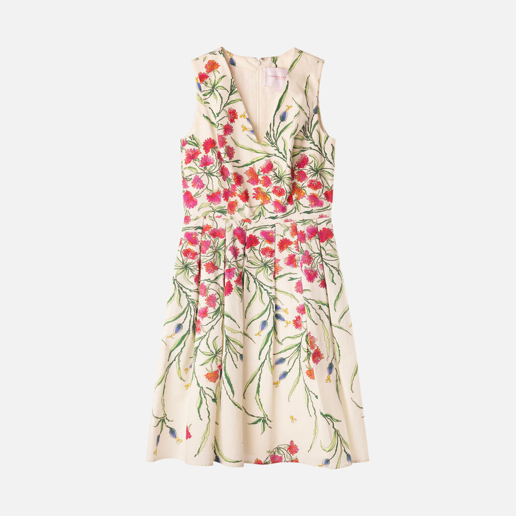Carolina Herrera White/Multi Floral Cotton Pleated Midi Dress