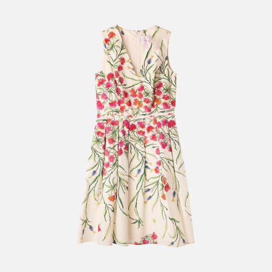 Carolina Herrera White/Multi Floral Cotton Pleated Midi Dress