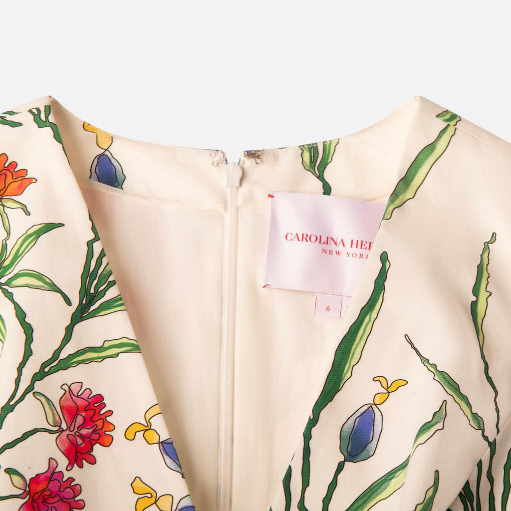 Carolina Herrera White/Multi Floral Cotton Pleated Midi Dress