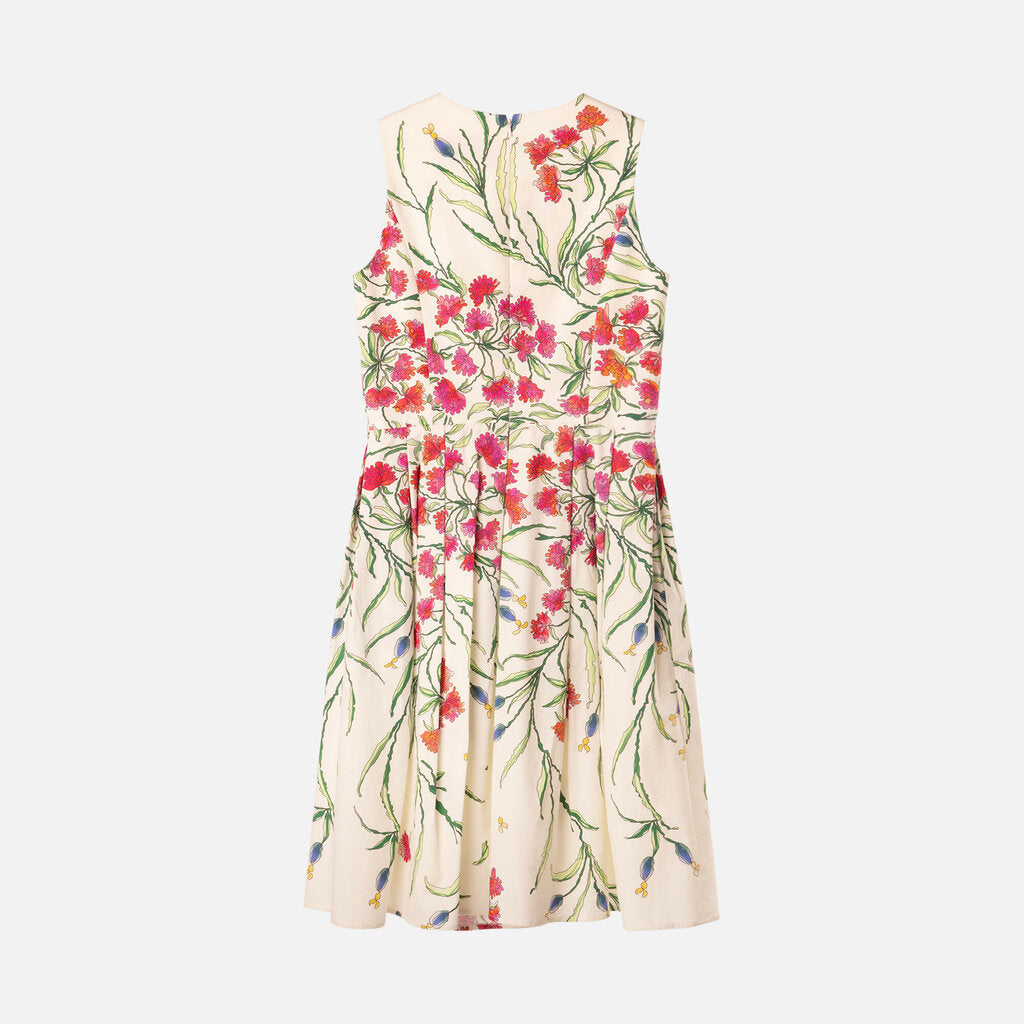 Carolina Herrera White/Multi Floral Cotton Pleated Midi Dress