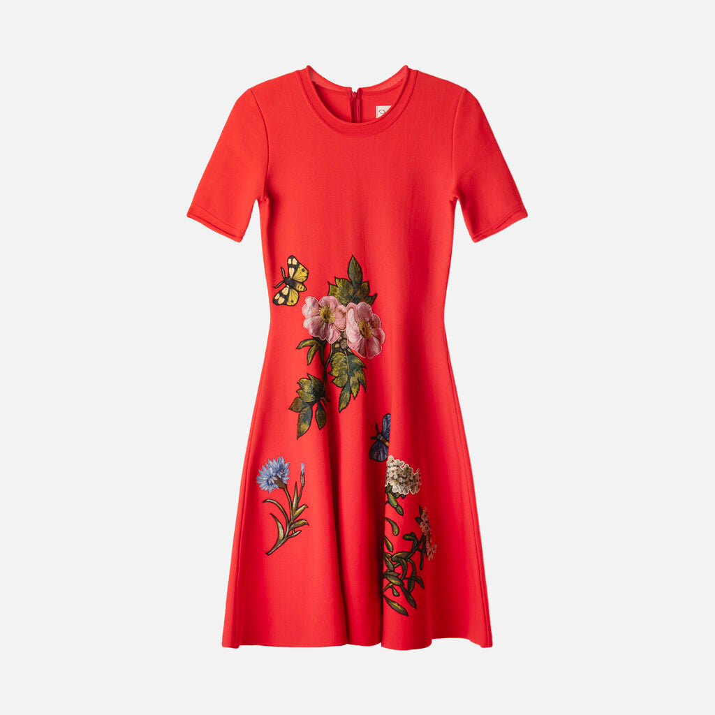Oscar de la Renta Red Floral Viscose/Poly SS Midi Dress