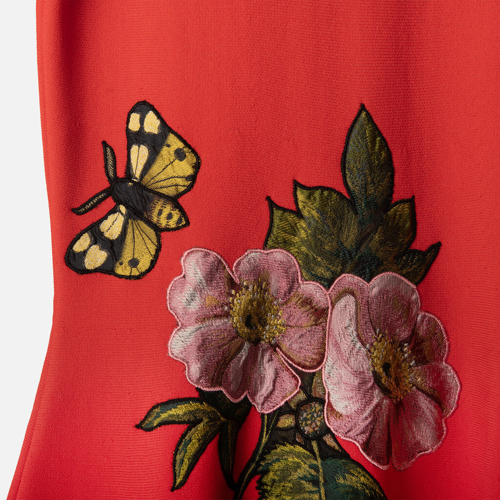 Oscar de la Renta Red Floral Viscose/Poly SS Midi Dress