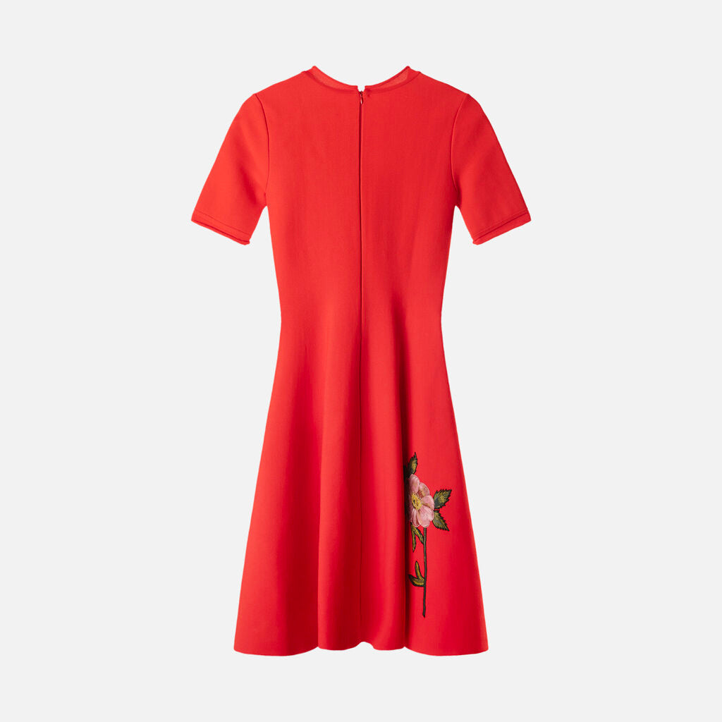 Oscar de la Renta Red Floral Viscose/Poly SS Midi Dress