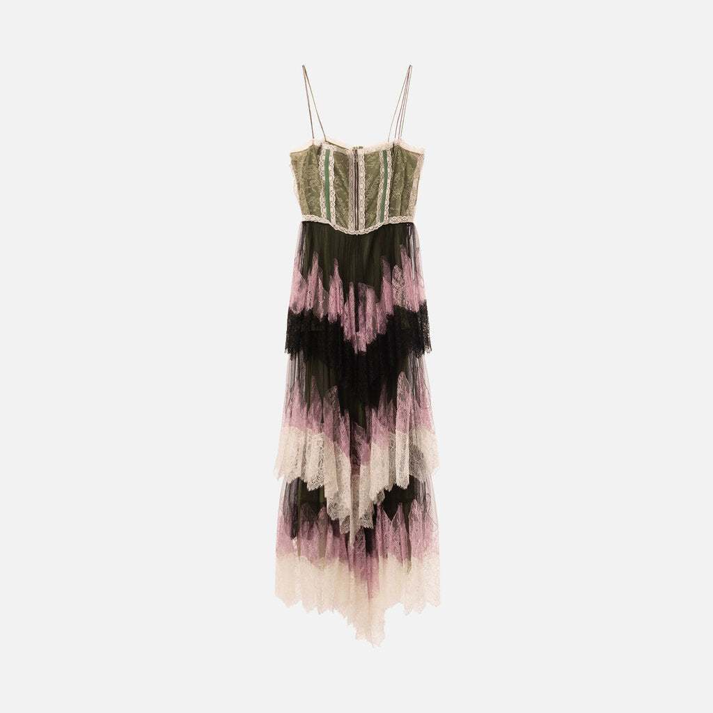 Gucci Black/Green Lace Tiered Maxi Dress