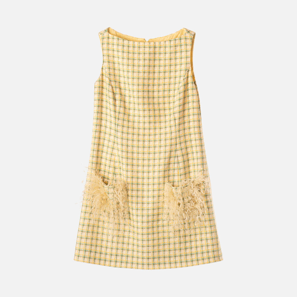 Oscar de la Renta Yellow/Multi Cotton Blend Tweed Feather Pocket Mini Dress