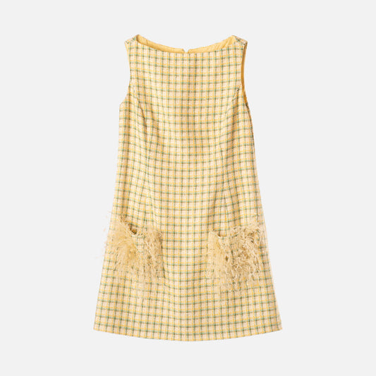 Oscar de la Renta Yellow/Multi Cotton Blend Tweed Feather Pocket Mini Dress