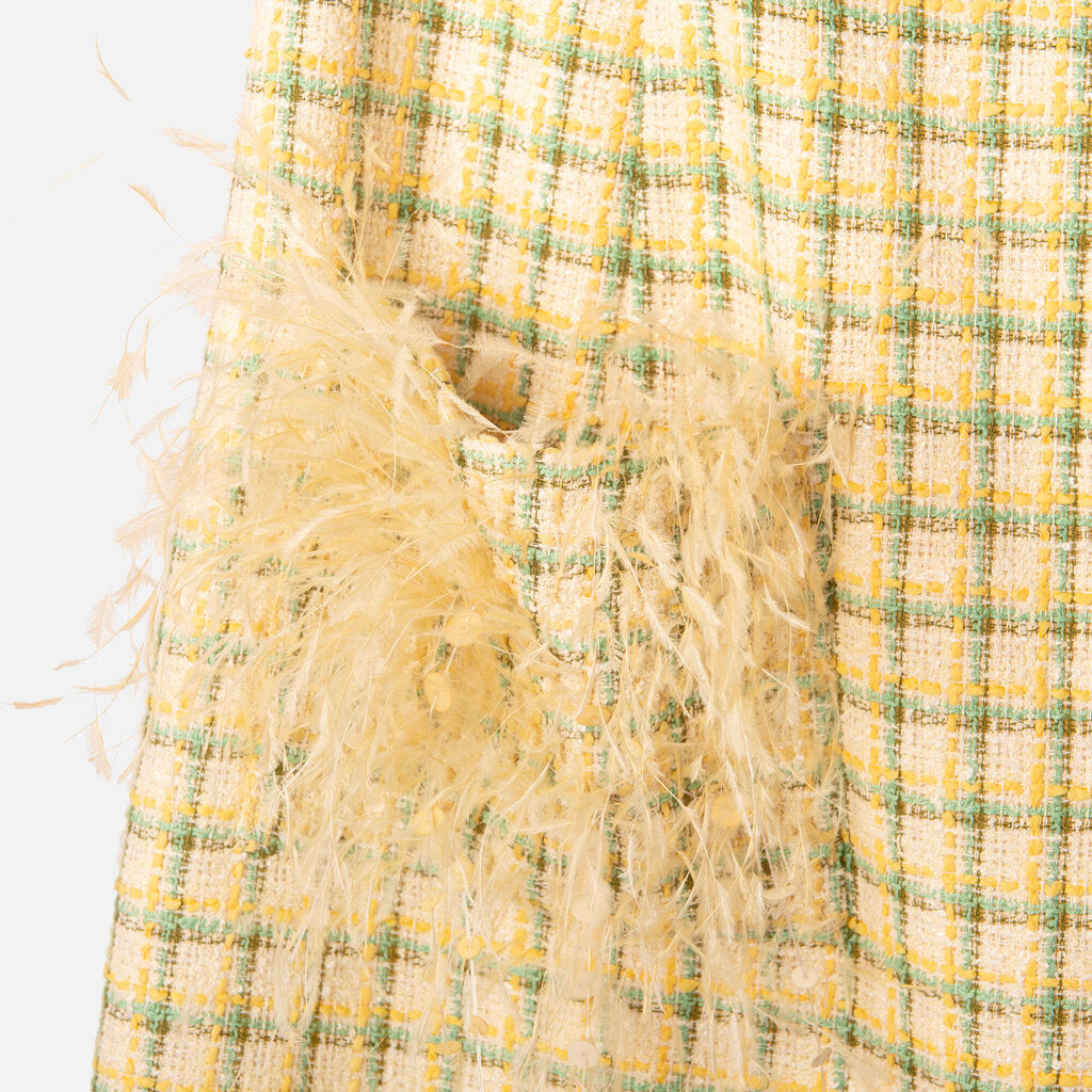 Oscar de la Renta Yellow/Multi Cotton Blend Tweed Feather Pocket Mini Dress