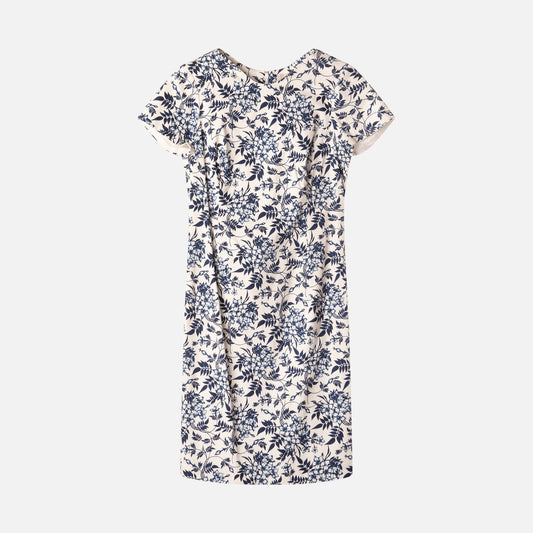 Carolina Herrera White/Blue Floral Cotton SS Midi Dress