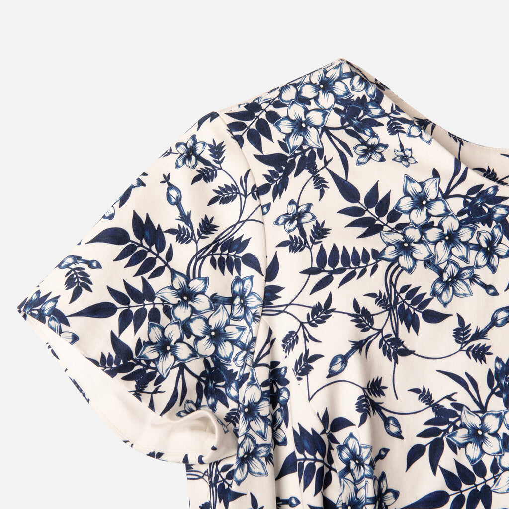 Carolina Herrera White/Blue Floral Cotton SS Midi Dress