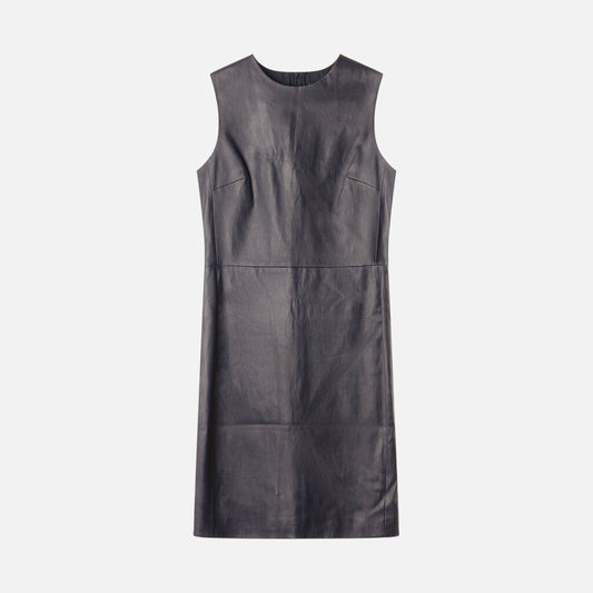 The Row Navy Leather Sleeveless Midi Dress
