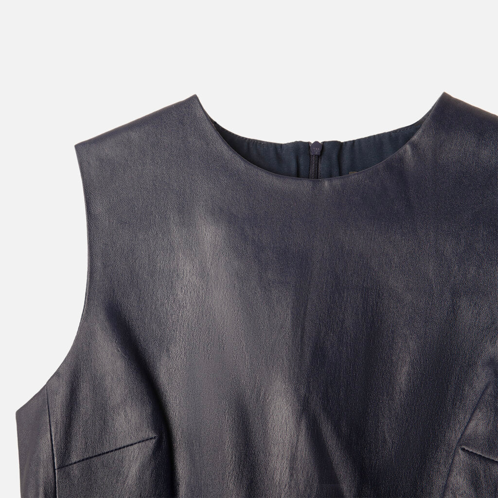The Row Navy Leather Sleeveless Midi Dress
