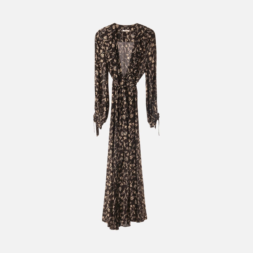 Doen Black Floral Viscose Wrap Maxi Dress