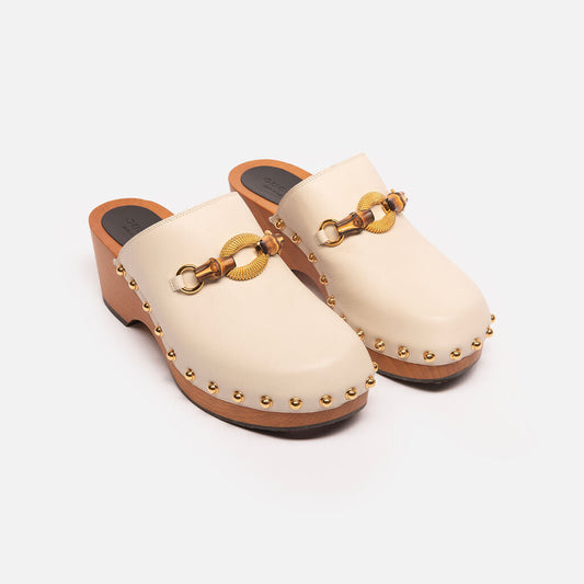 Gucci Cream Leather Bamboo Horsebit Clog