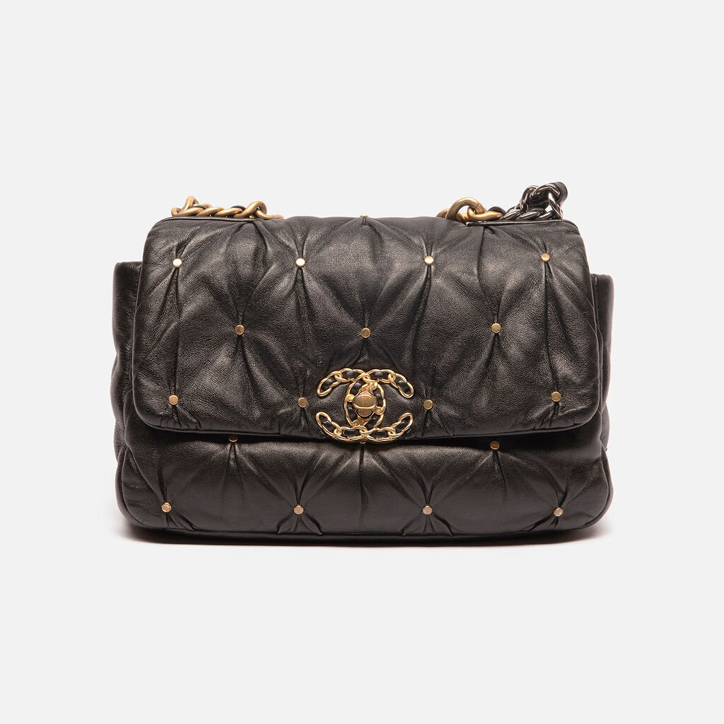 Chanel Black Studded Ruched 19 Flap
