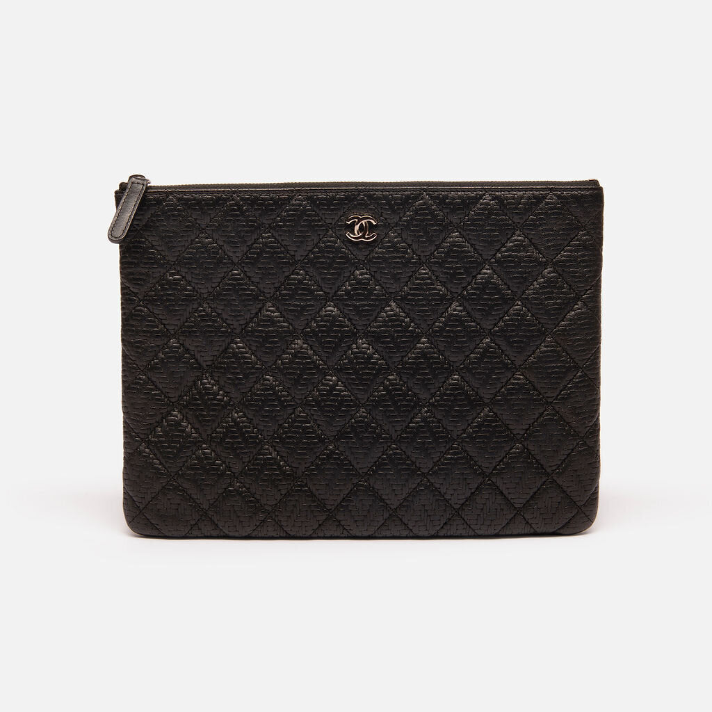 Chanel Black Woven Embossed Quilted O-Case Clutch/Pouch