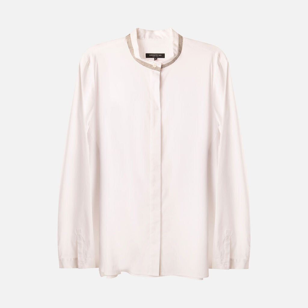 Lafayette 148 White Cotton Beaded Neckline Shirt