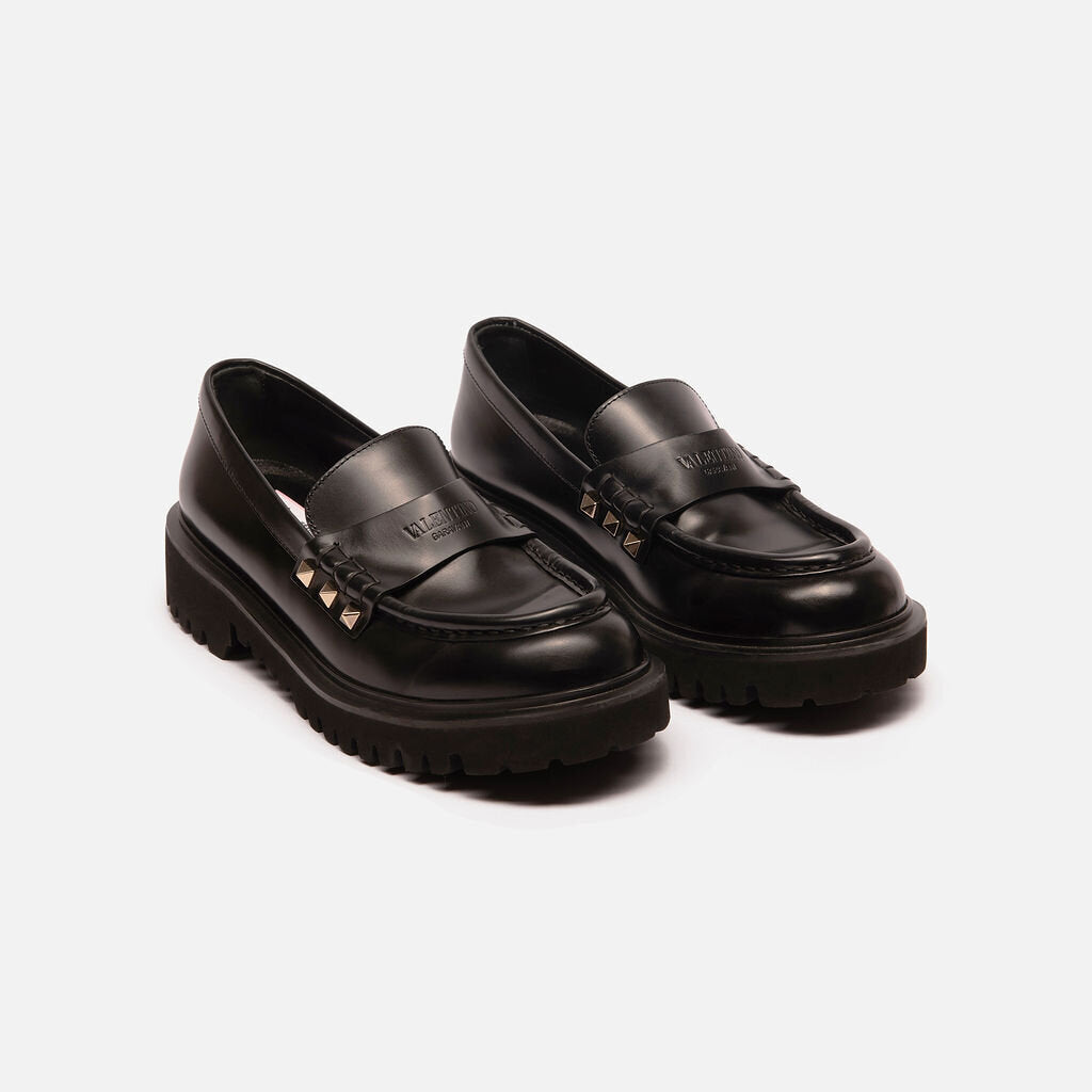 Valentino Black Leather Rockstud Loafer