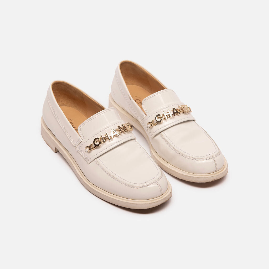 Chanel White Patent Logo Loafer