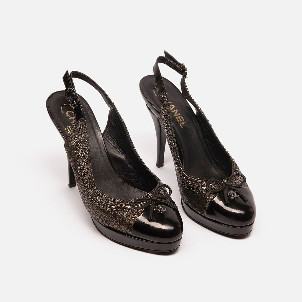 Chanel Black Patent Leather Cap Toe Chain Slingback Pump