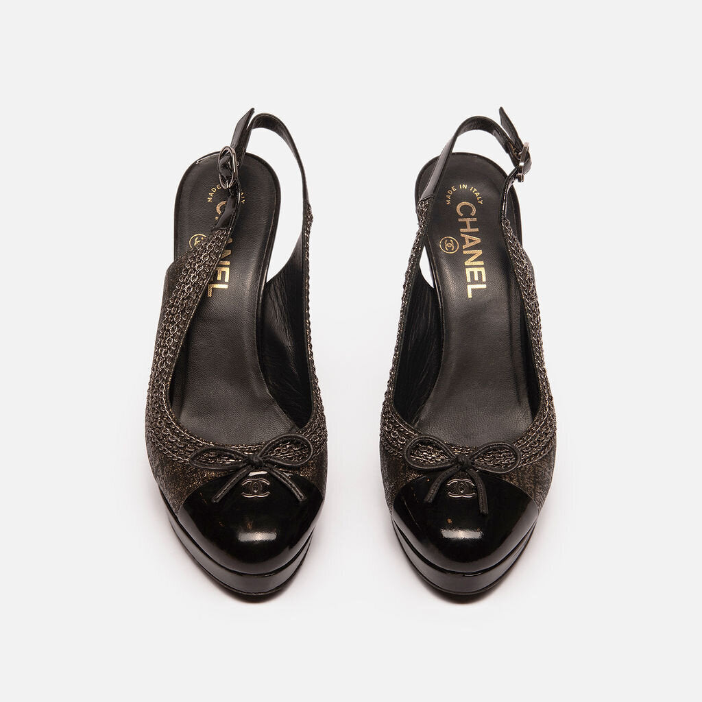 Chanel Black Patent Leather Cap Toe Chain Slingback Pump