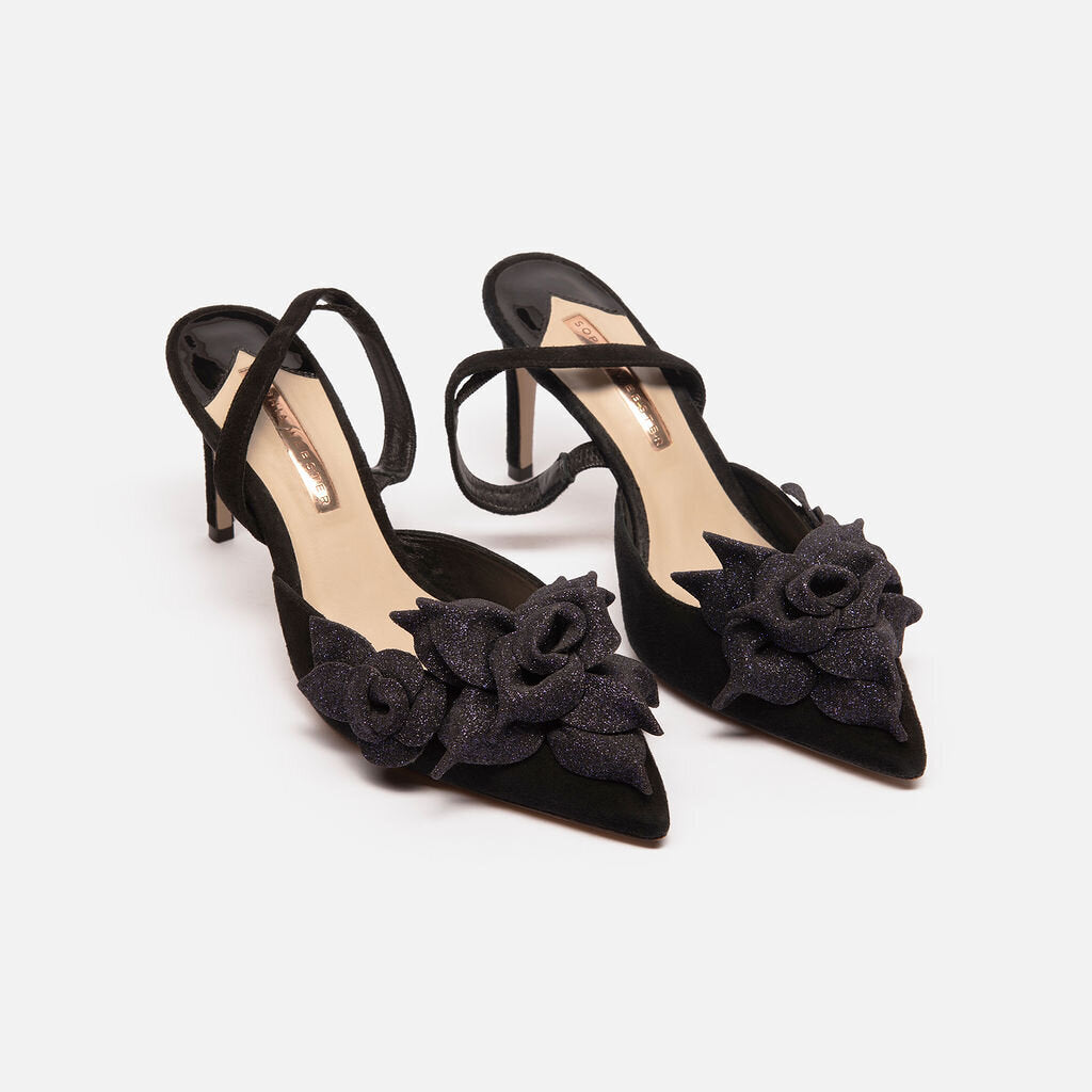 Sophia Webster Black Suede Glitter Floral Applique Pumps