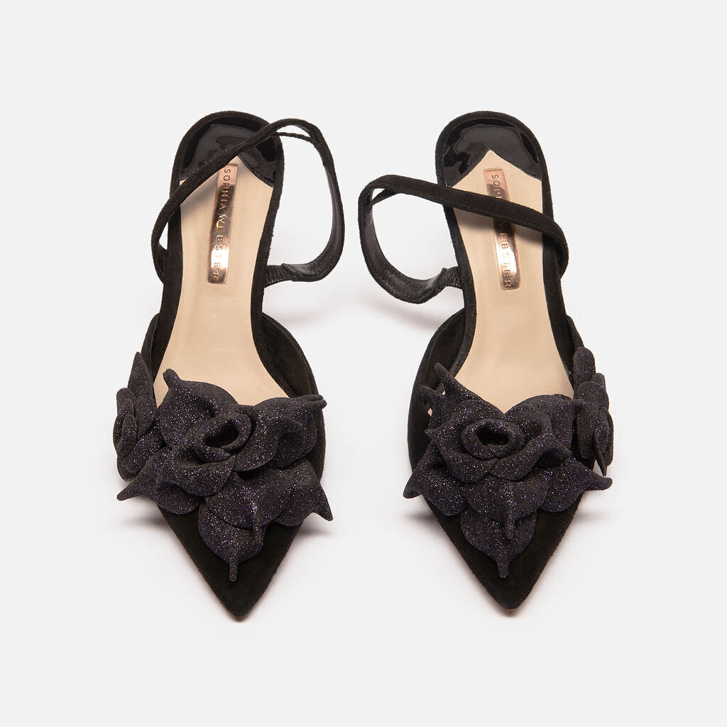 Sophia Webster Black Suede Glitter Floral Applique Pumps