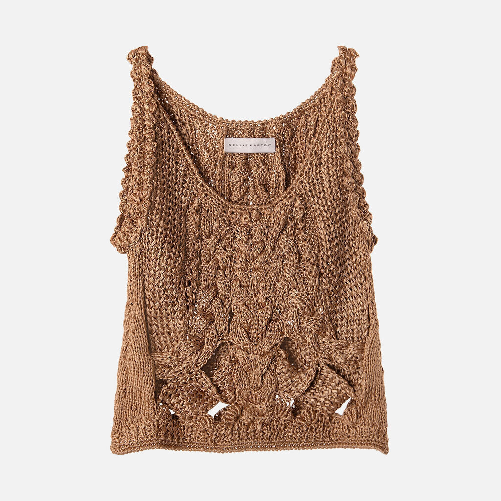 Partow Brown Metallic Cableknit Sleeveless Top