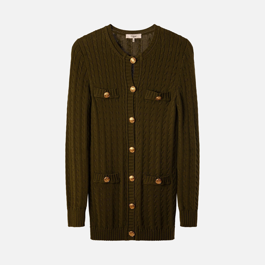 Chloe Green Cotton Cable Knit Cardigan