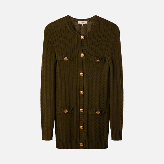 Chloe Green Cotton Cable Knit Cardigan