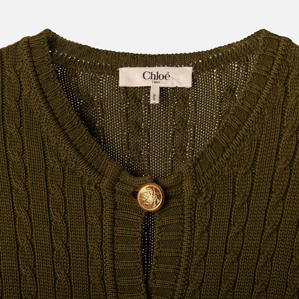 Chloe Green Cotton Cable Knit Cardigan