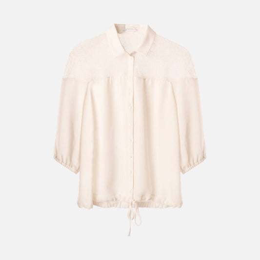 Ann Fontaine White Poly Lace SS Button Up Top