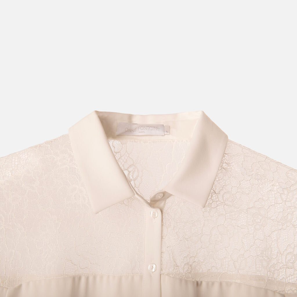 Ann Fontaine White Poly Lace SS Button Up Top