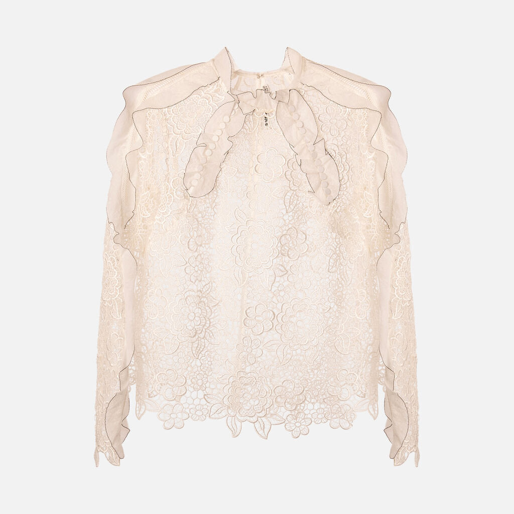 Self-Portrait White Lace Floral Ruffle Polyester Blouse