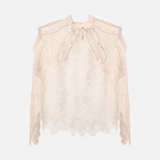 Self-Portrait White Lace Floral Ruffle Polyester Blouse