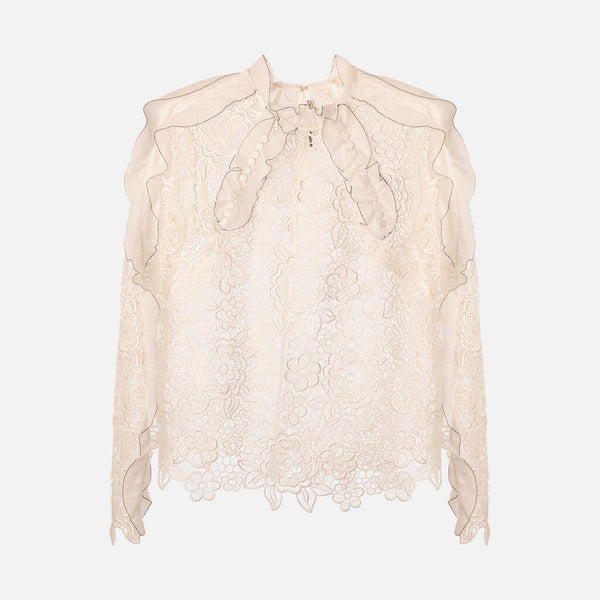 Self-Portrait White Lace Floral Ruffle Polyester Blouse